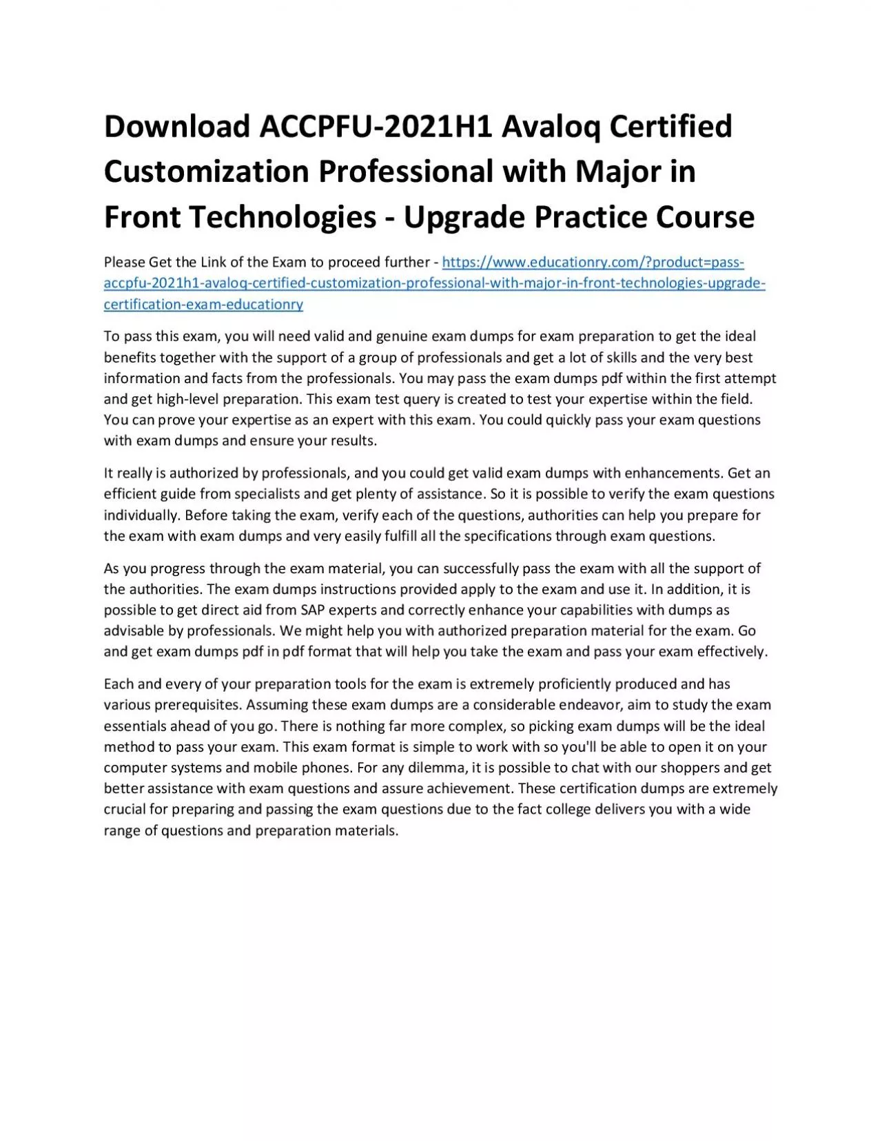 Download ACCPFU-2021H1 Avaloq Certified Customization Professional with Major in Front