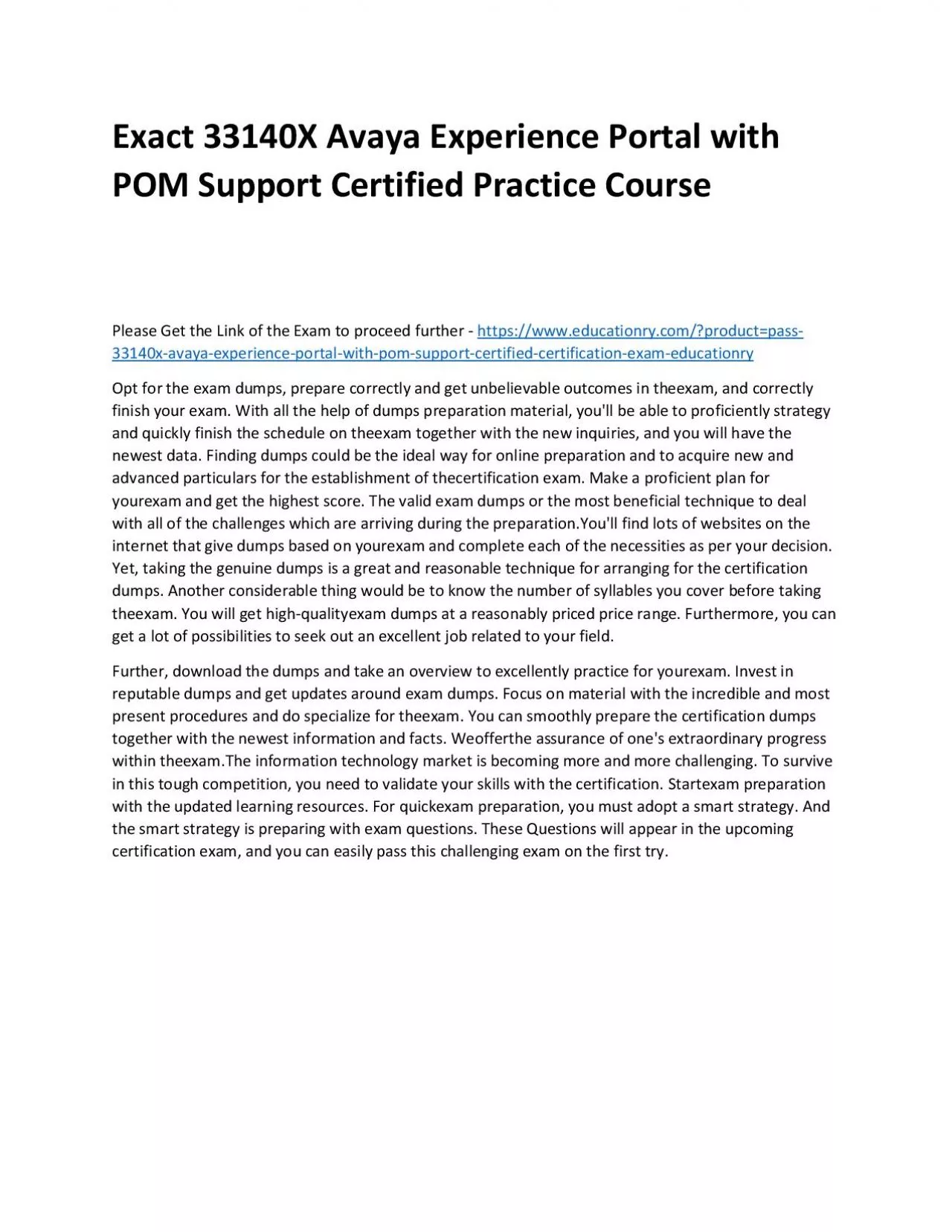 Exact 33140X Avaya Experience Portal with POM Support Certified Practice Course