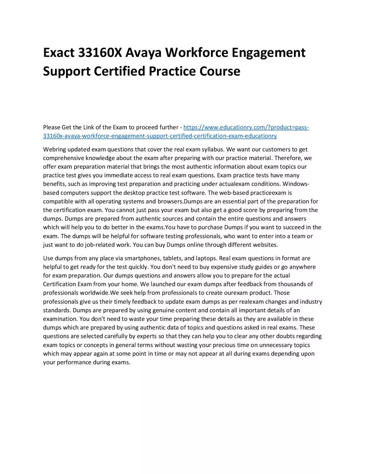 Exact 33160X Avaya Workforce Engagement Support Certified Practice Course