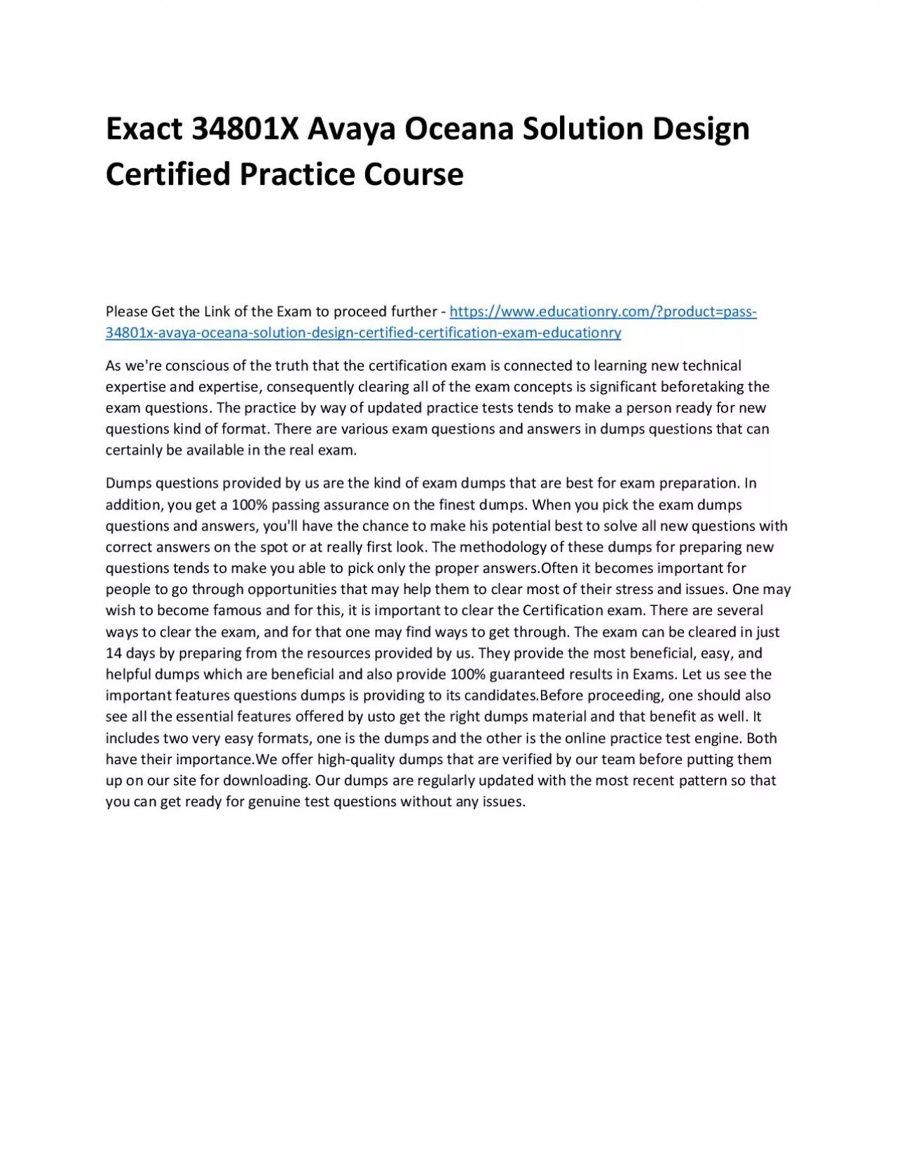 Exact 34801X Avaya Oceana Solution Design Certified Practice Course