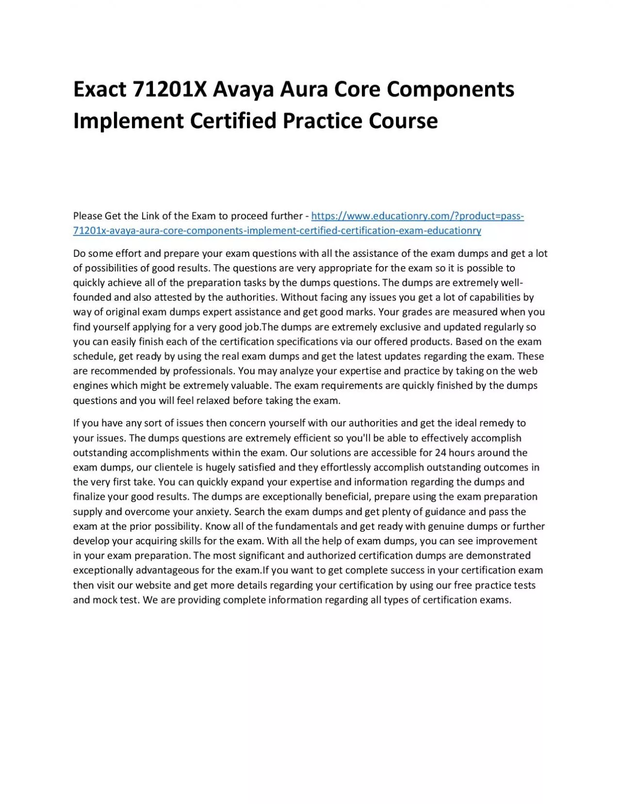 Exact 71201X Avaya Aura Core Components Implement Certified Practice Course
