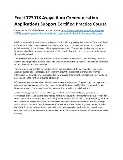 Exact 72301X Avaya Aura Communication Applications Support Certified Practice Course