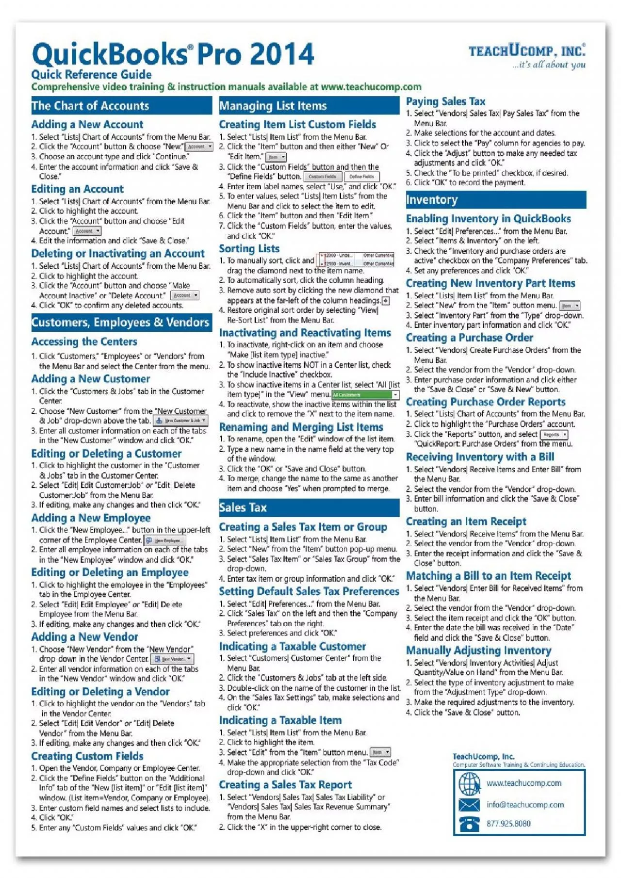 (EBOOK)-QuickBooks Pro 2014 Quick Reference Training Card - Laminated Guide Cheat Sheet