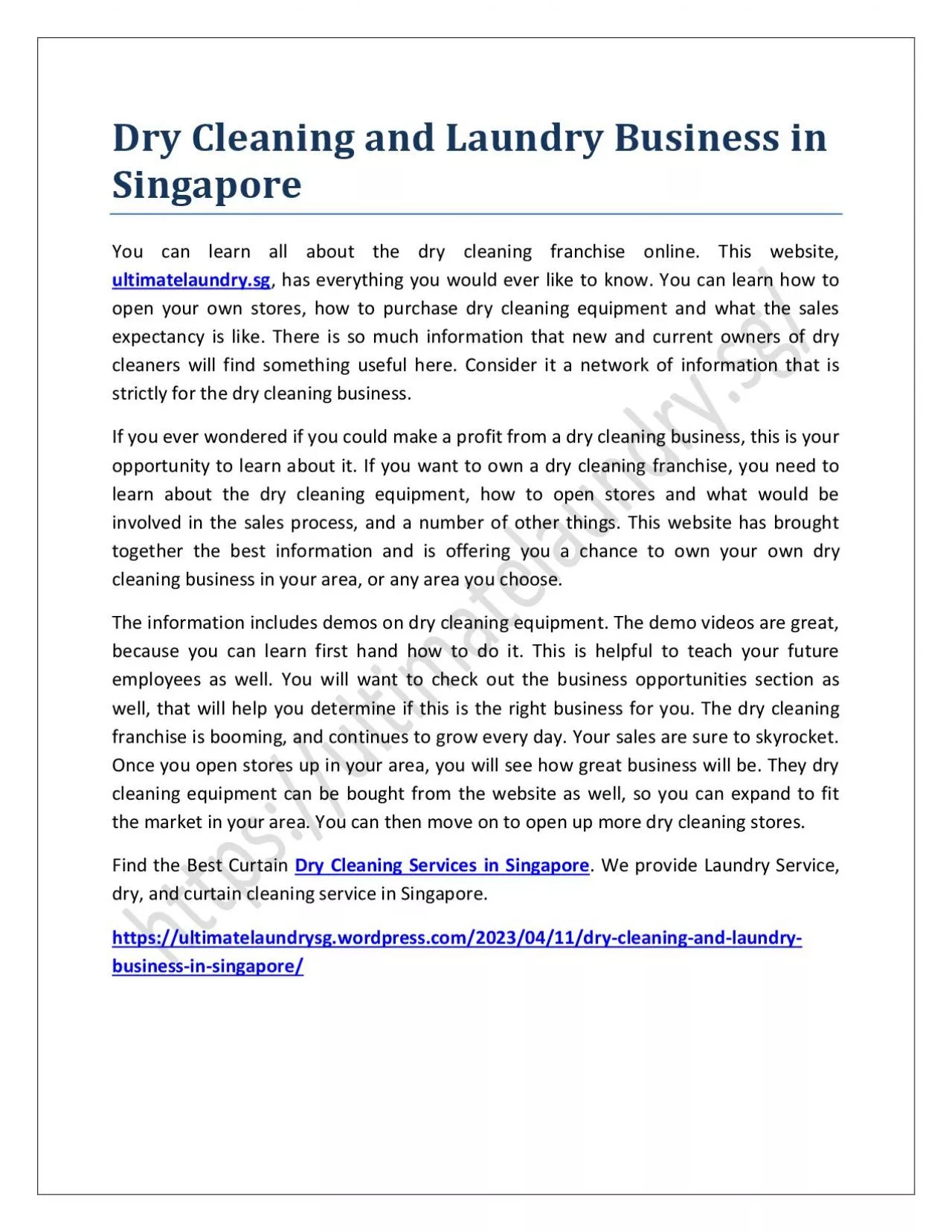 Dry Cleaning and Laundry Business in Singapore