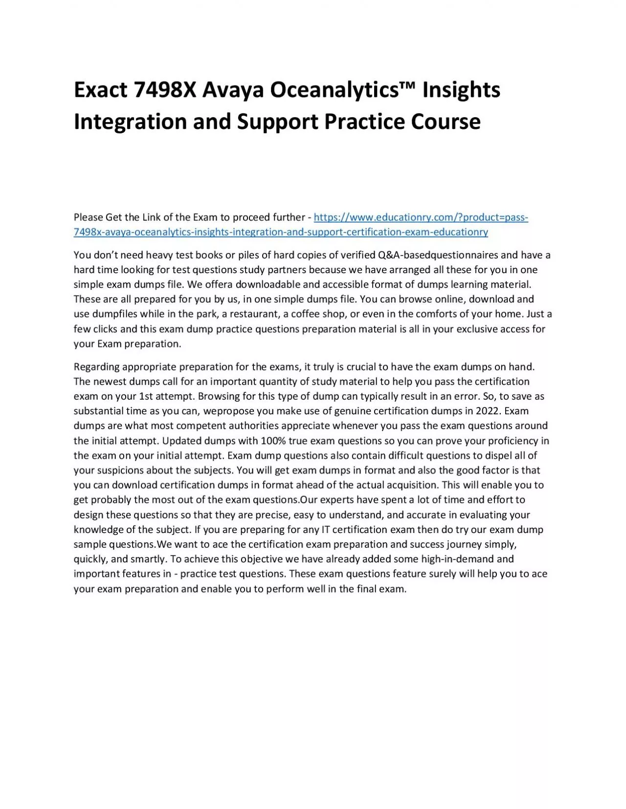 PDF-Exact 7498X Avaya Oceanalytics™ Insights Integration and Support Practice Course