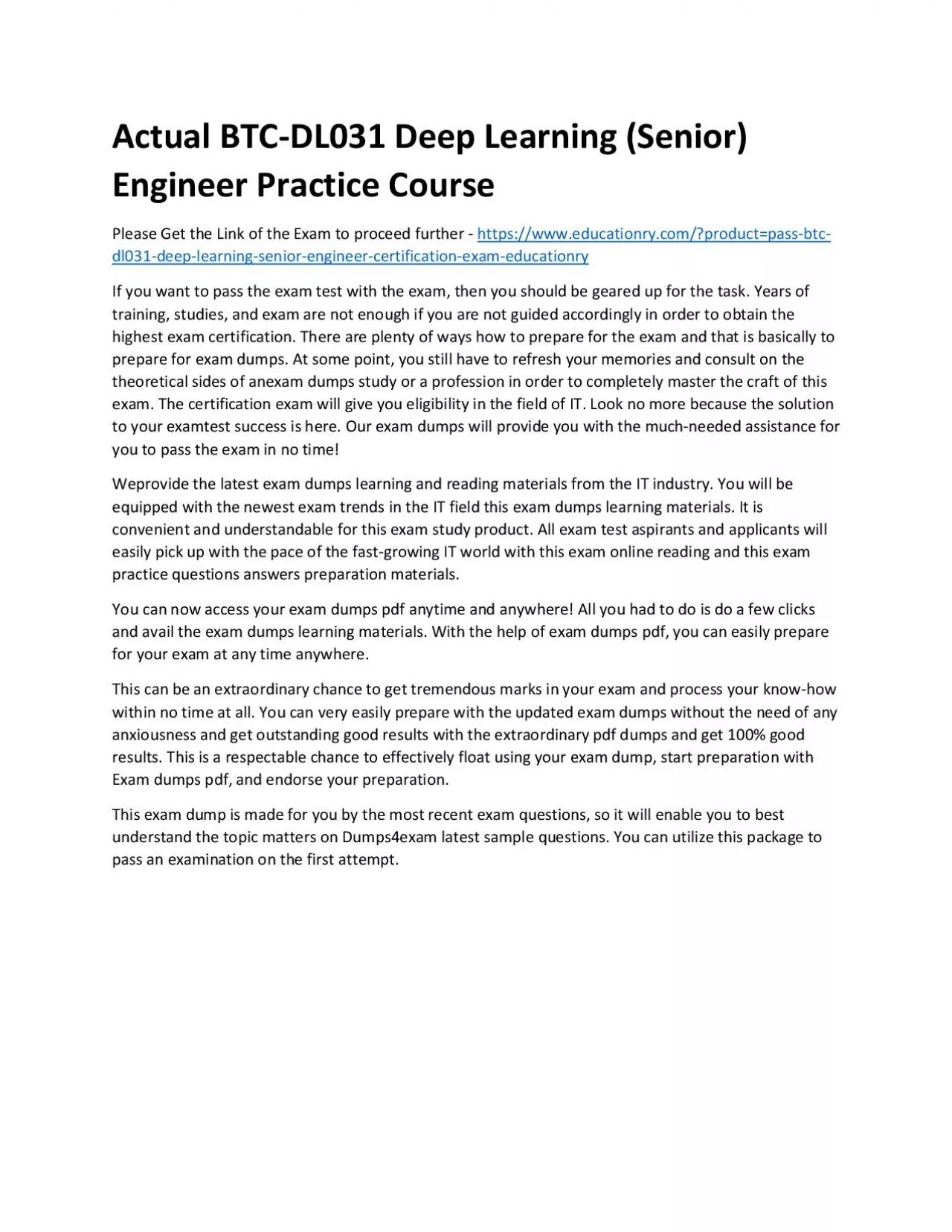 PDF-Actual BTC-DL031 Deep Learning (Senior) Engineer Practice Course