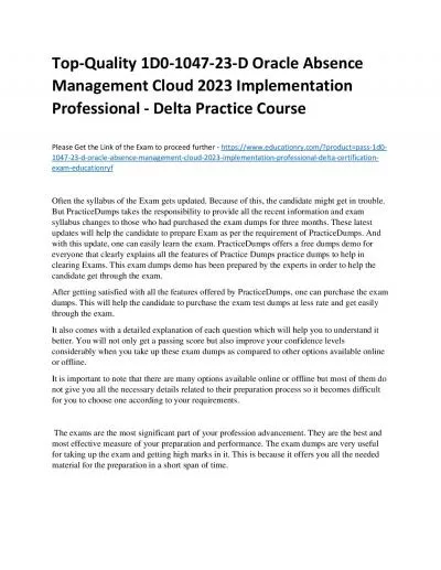 Top-Quality 1D0-1047-23-D Oracle Absence Management Cloud 2023 Implementation Professional - Delta Practice Course