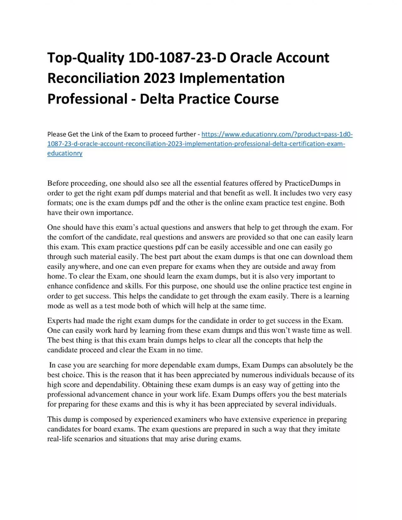 PDF-Top-Quality 1D0-1087-23-D Oracle Account Reconciliation 2023 Implementation Professional