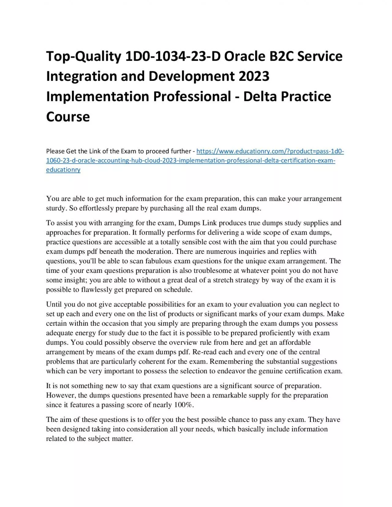 PDF-Top-Quality 1D0-1034-23-D Oracle B2C Service Integration and Development 2023 Implementation