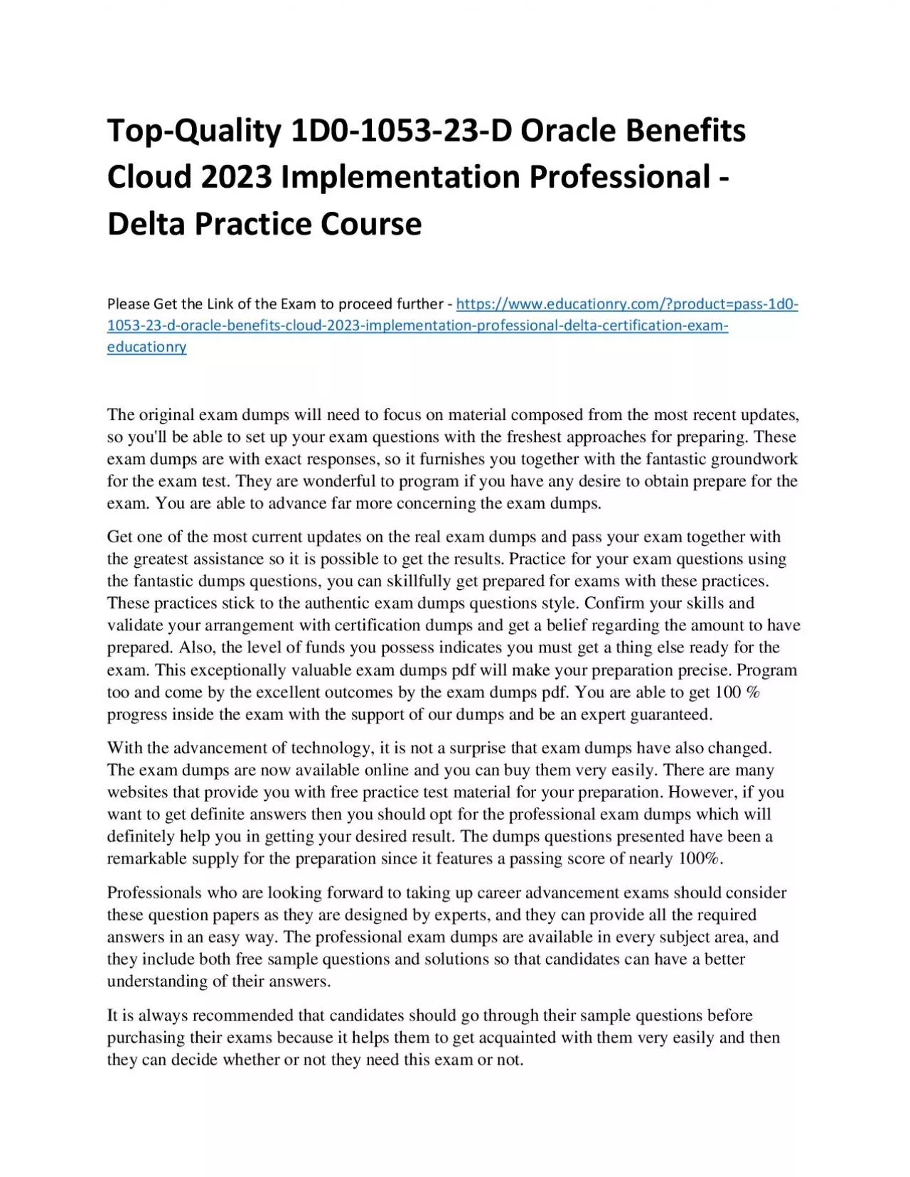 PDF-Top-Quality 1D0-1053-23-D Oracle Benefits Cloud 2023 Implementation Professional - Delta