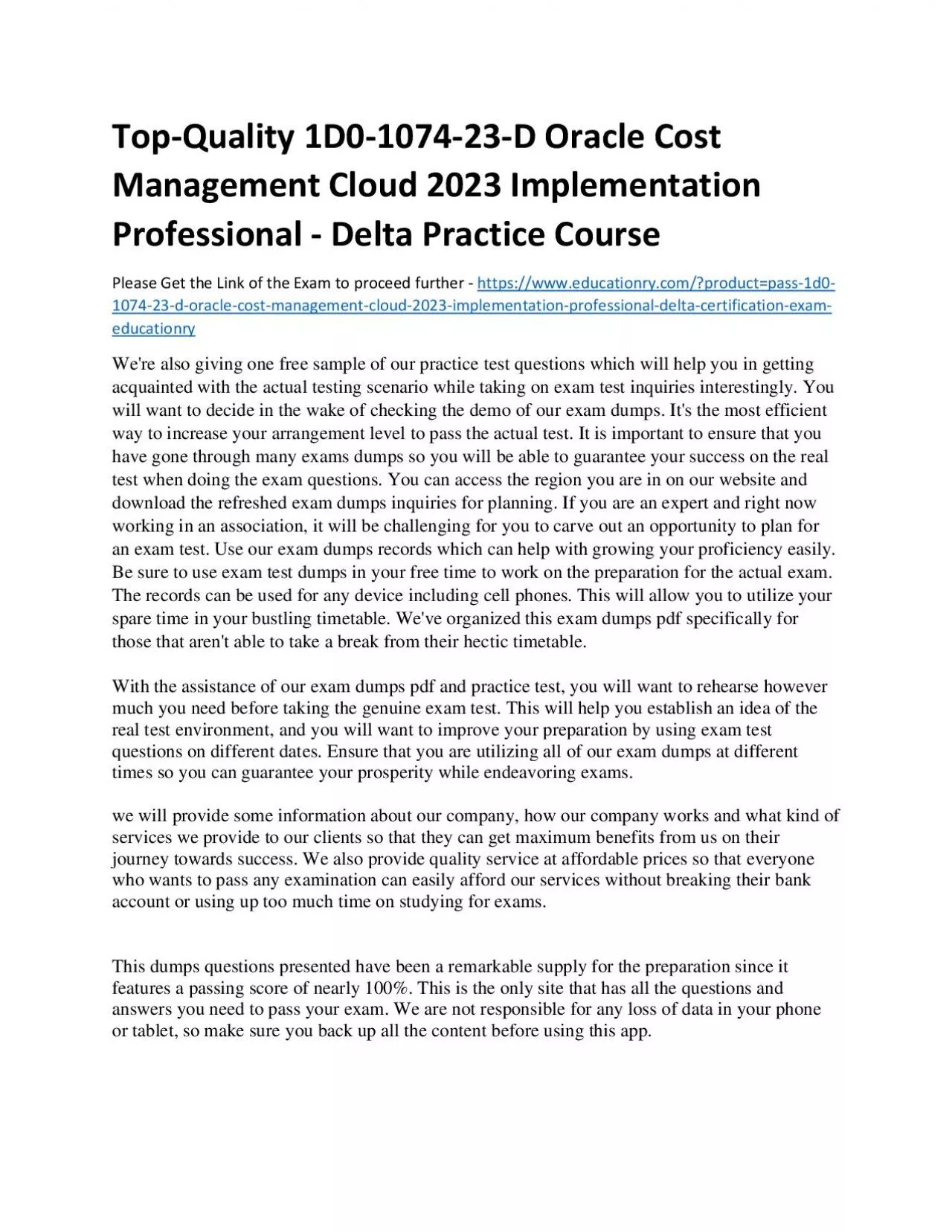 PDF-Top-Quality 1D0-1074-23-D Oracle Cost Management Cloud 2023 Implementation Professional