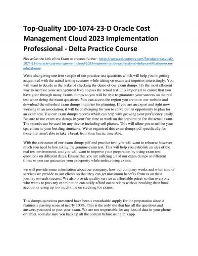 Top-Quality 1D0-1074-23-D Oracle Cost Management Cloud 2023 Implementation Professional