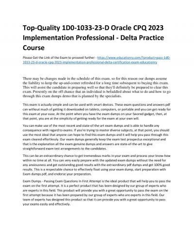 Top-Quality 1D0-1033-23-D Oracle CPQ 2023 Implementation Professional - Delta Practice Course