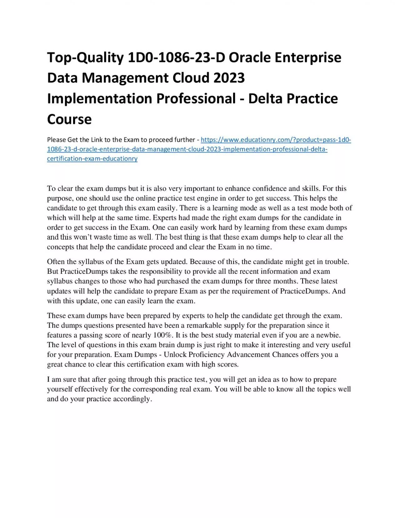 PDF-Top-Quality 1D0-1086-23-D Oracle Enterprise Data Management Cloud 2023 Implementation