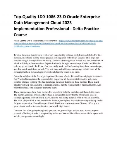 Top-Quality 1D0-1086-23-D Oracle Enterprise Data Management Cloud 2023 Implementation Professional - Delta Practice Course