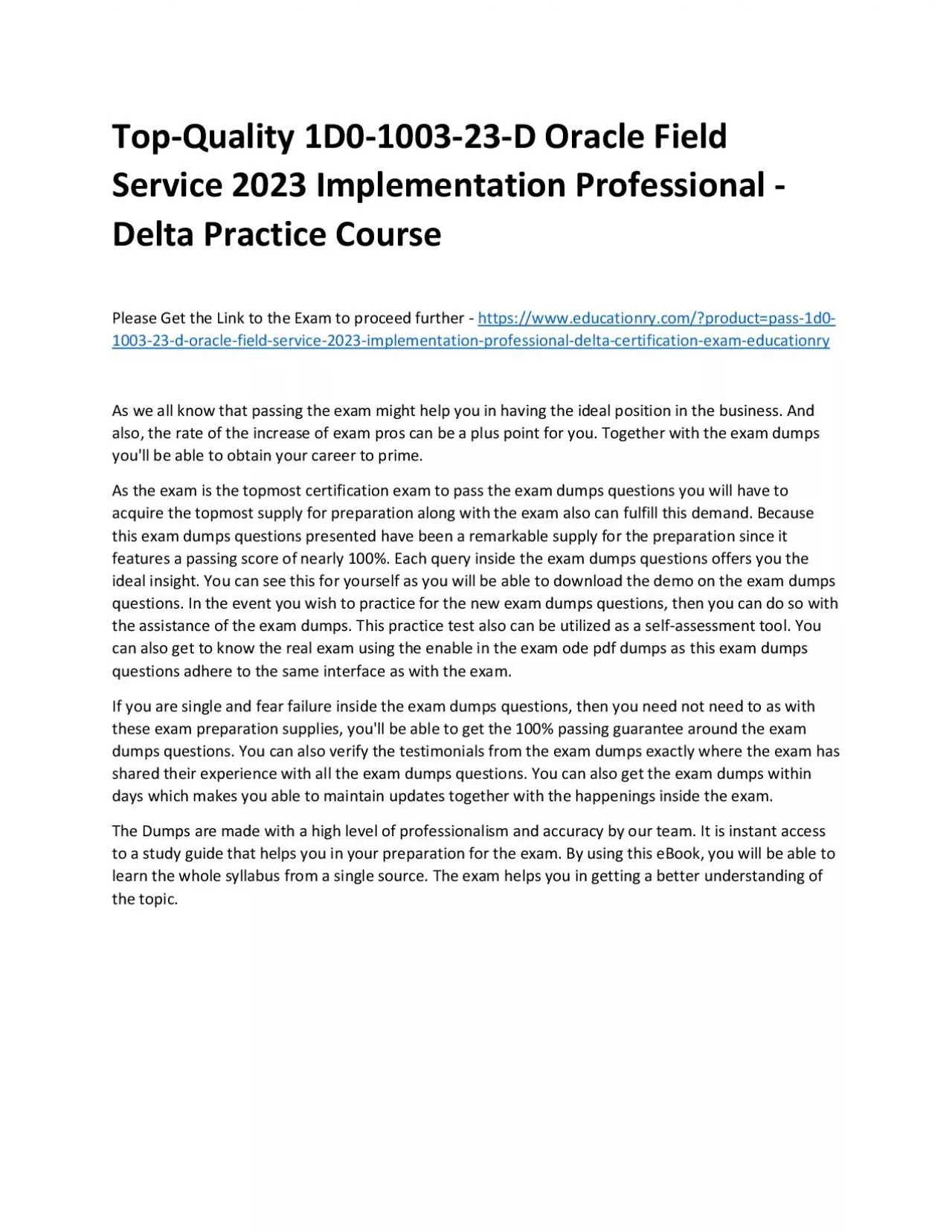 PDF-Top-Quality 1D0-1003-23-D Oracle Field Service 2023 Implementation Professional - Delta