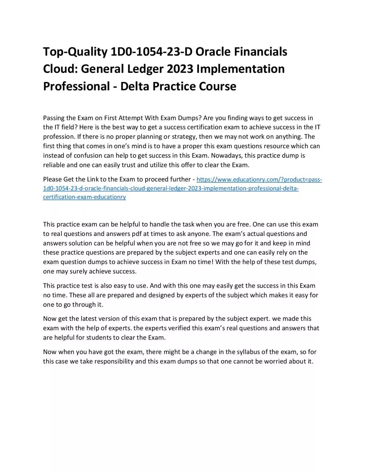 Top-Quality 1D0-1054-23-D Oracle Financials Cloud: General Ledger 2023 Implementation