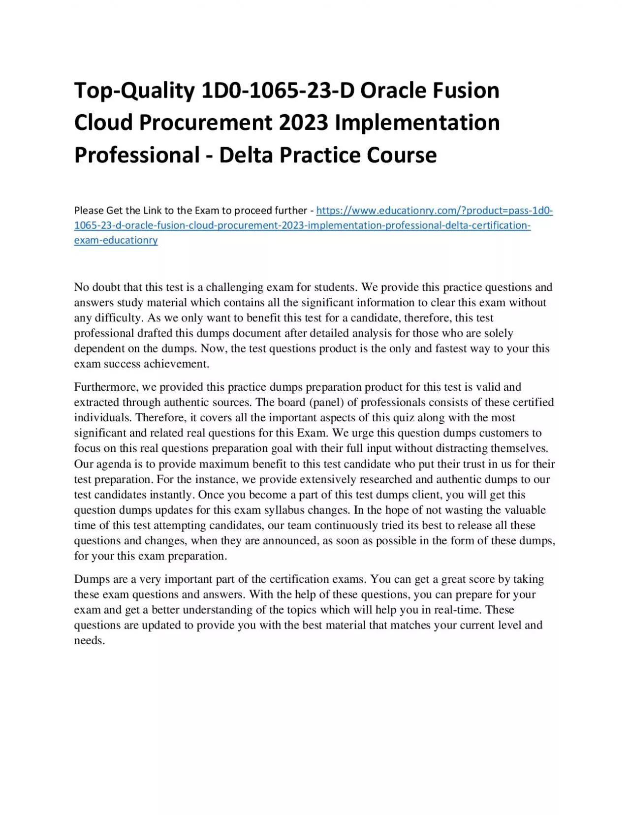 PDF-Top-Quality 1D0-1065-23-D Oracle Fusion Cloud Procurement 2023 Implementation Professional