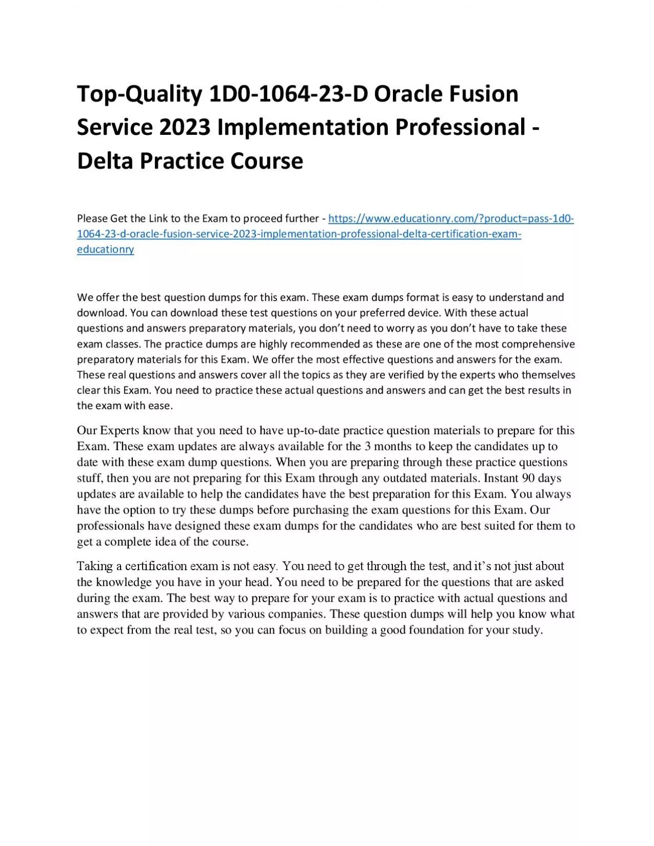 PDF-Top-Quality 1D0-1064-23-D Oracle Fusion Service 2023 Implementation Professional - Delta