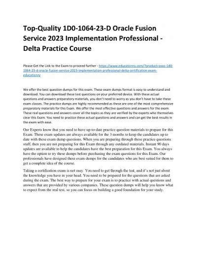 Top-Quality 1D0-1064-23-D Oracle Fusion Service 2023 Implementation Professional - Delta Practice Course