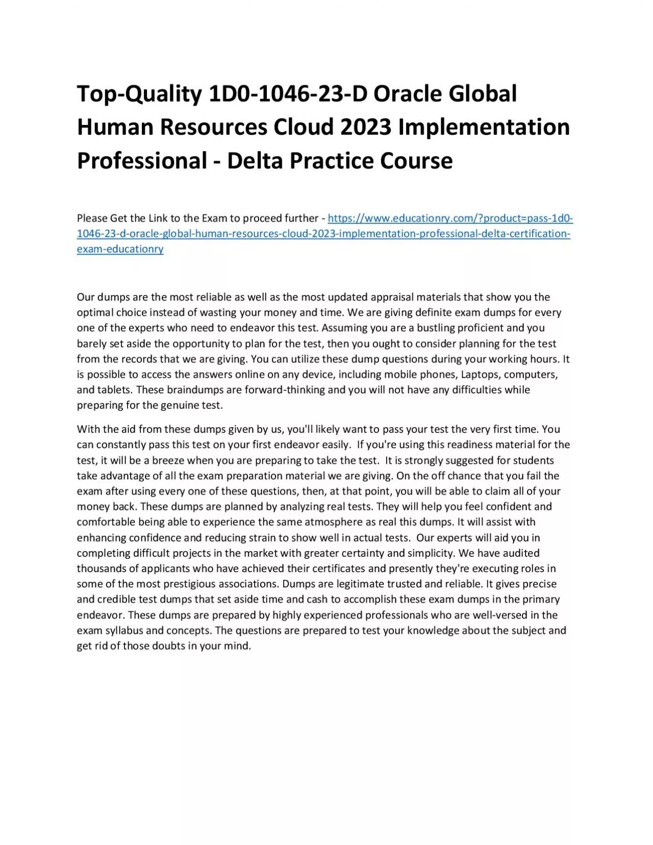 PDF-Top-Quality 1D0-1046-23-D Oracle Global Human Resources Cloud 2023 Implementation Professional