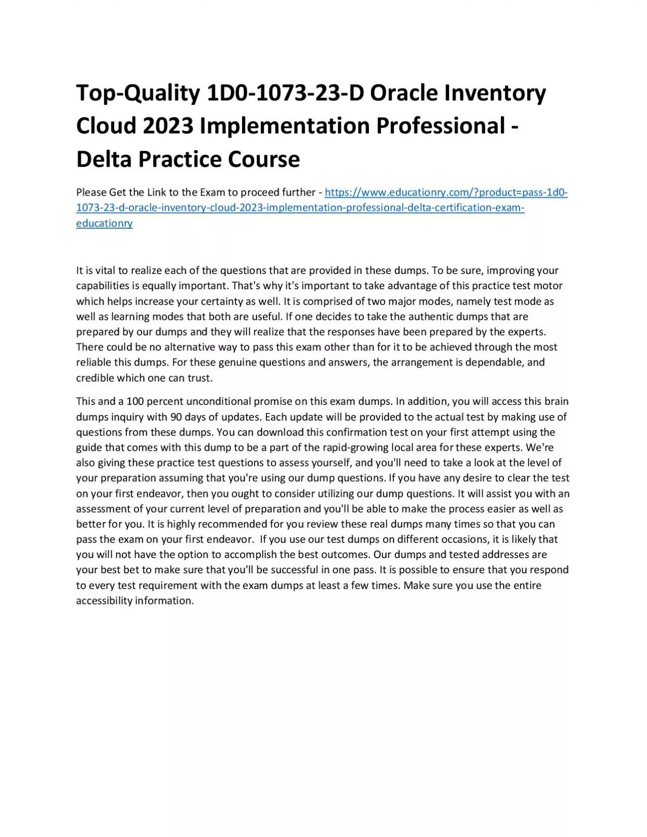 PDF-Top-Quality 1D0-1073-23-D Oracle Inventory Cloud 2023 Implementation Professional - Delta