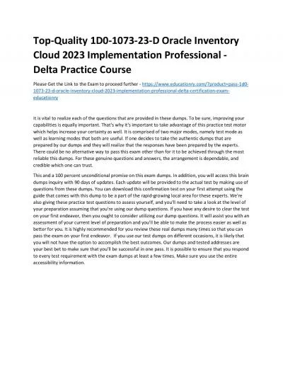 Top-Quality 1D0-1073-23-D Oracle Inventory Cloud 2023 Implementation Professional - Delta