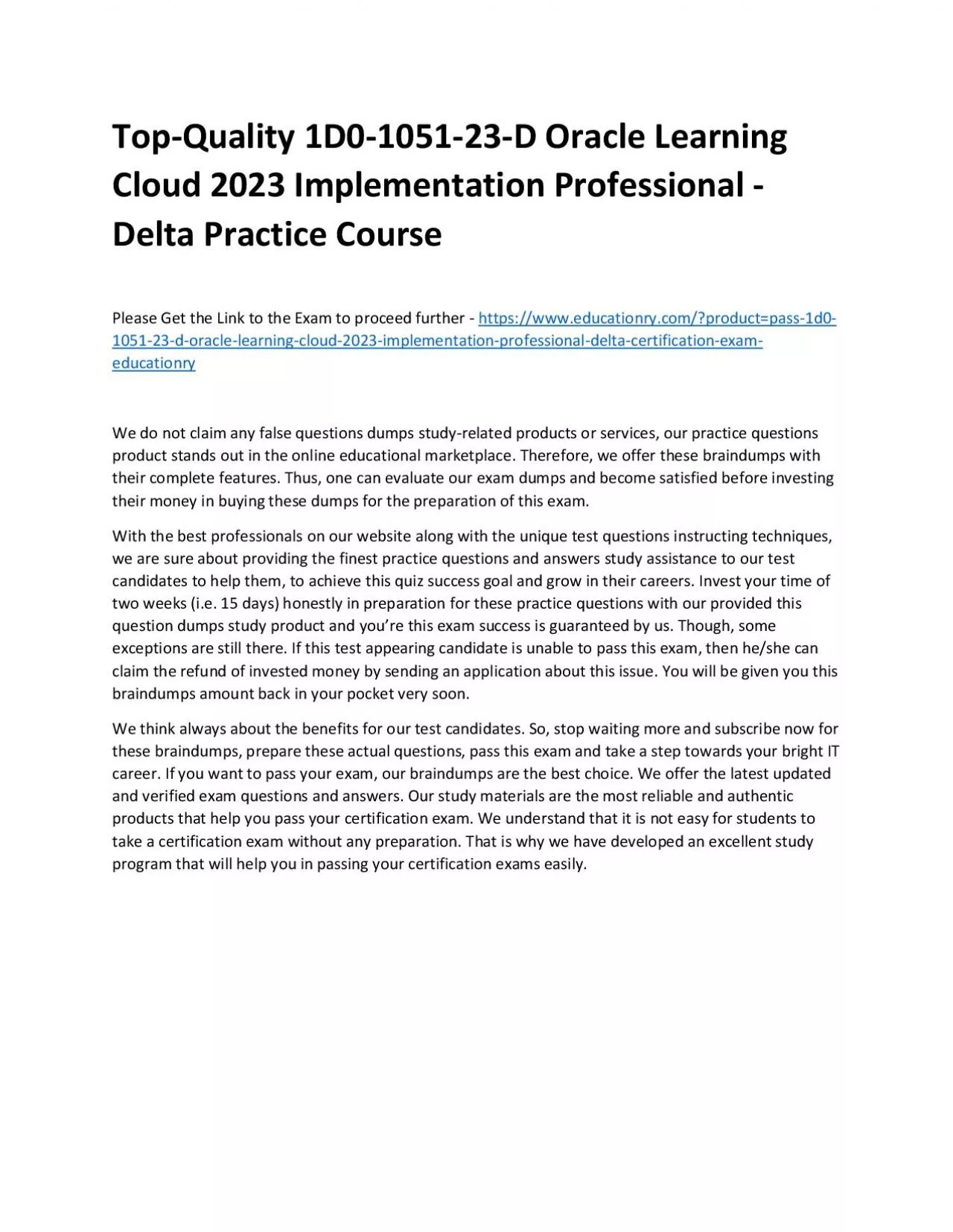 PDF-Top-Quality 1D0-1051-23-D Oracle Learning Cloud 2023 Implementation Professional - Delta