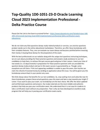 Top-Quality 1D0-1051-23-D Oracle Learning Cloud 2023 Implementation Professional - Delta