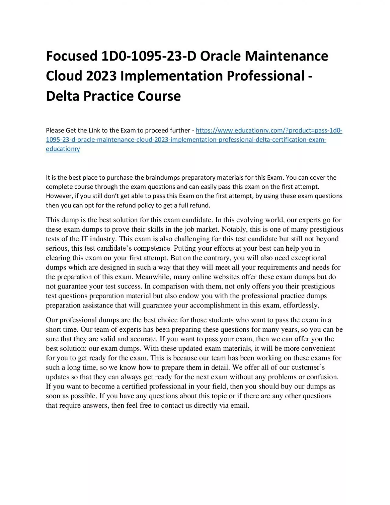 PDF-Focused 1D0-1095-23-D Oracle Maintenance Cloud 2023 Implementation Professional - Delta