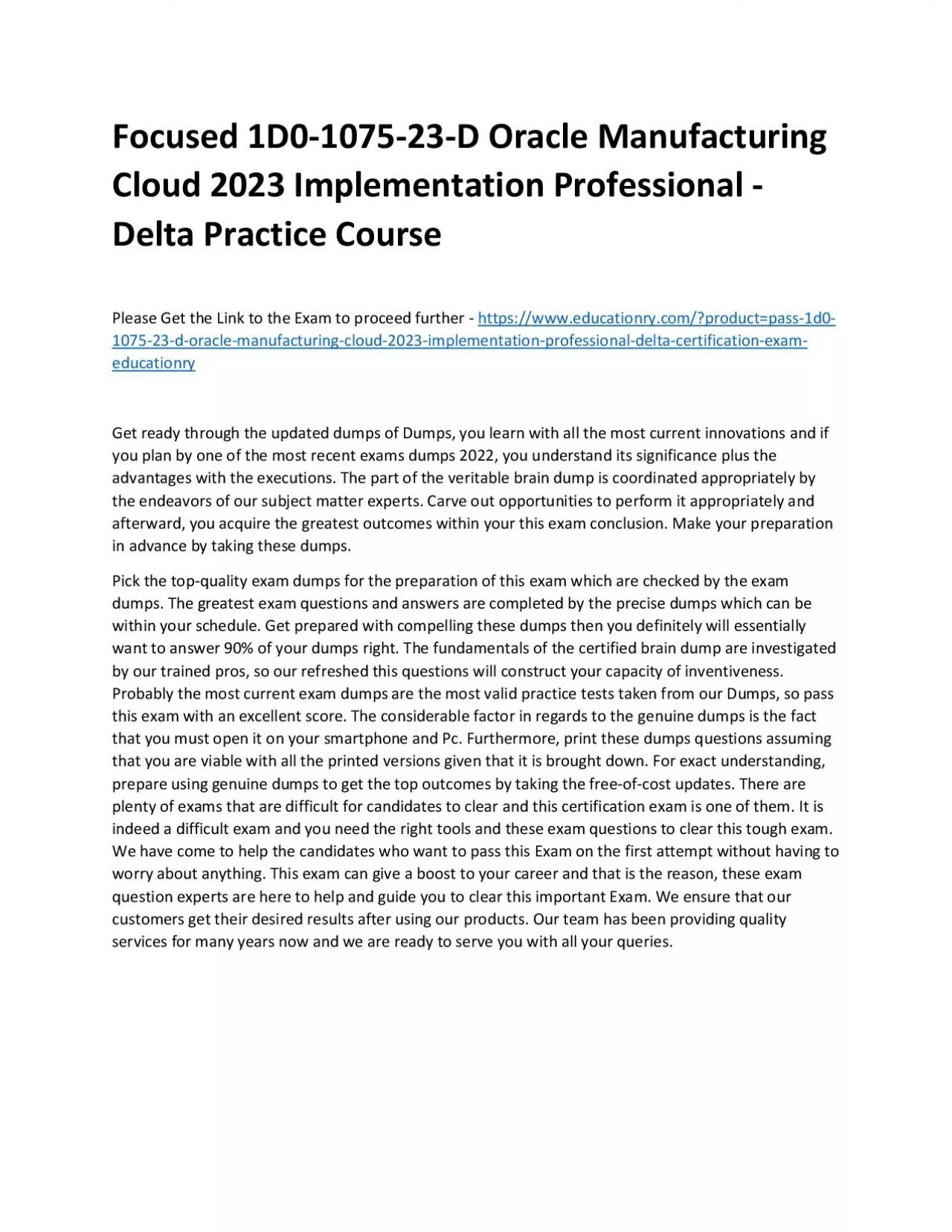 PDF-Focused 1D0-1075-23-D Oracle Manufacturing Cloud 2023 Implementation Professional - Delta