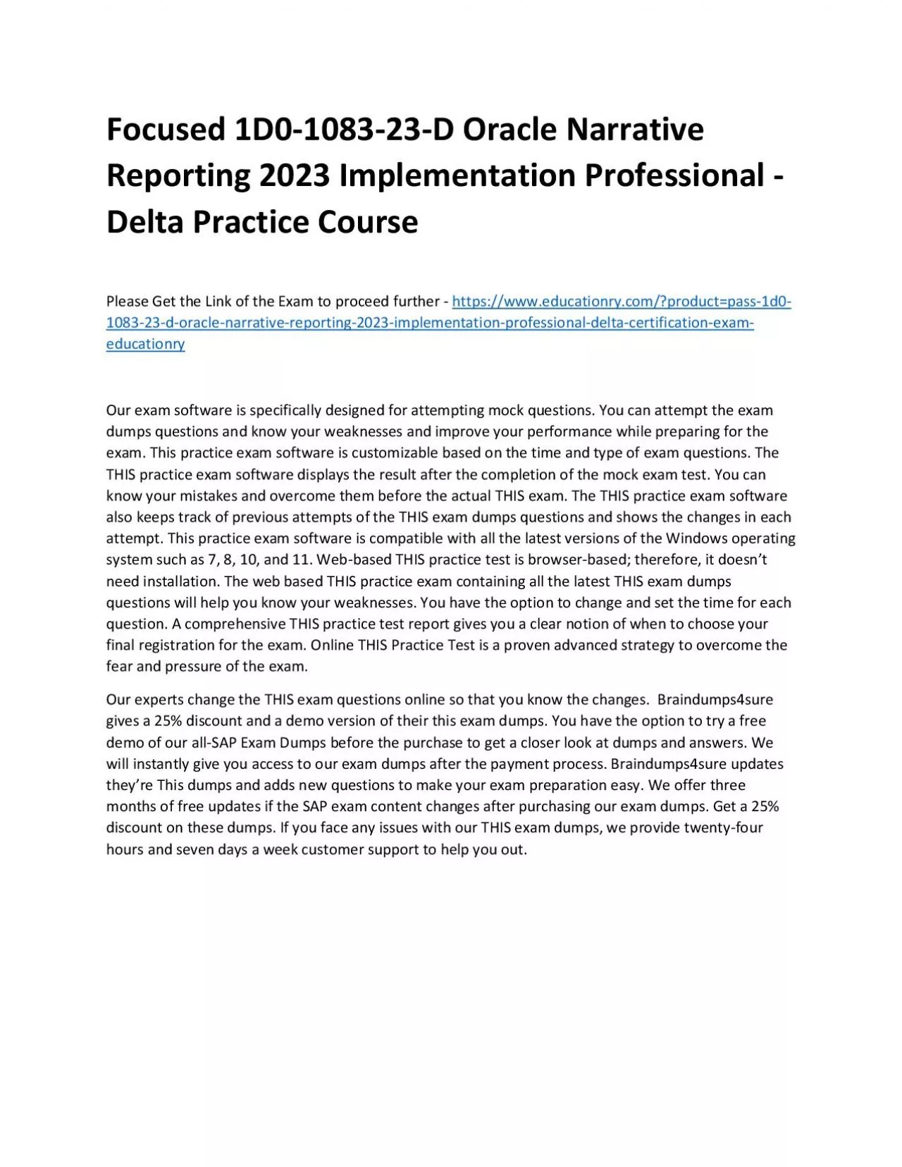 PDF-Focused 1D0-1083-23-D Oracle Narrative Reporting 2023 Implementation Professional - Delta