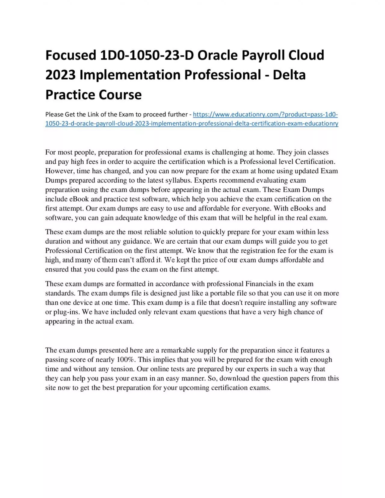 PDF-Focused 1D0-1050-23-D Oracle Payroll Cloud 2023 Implementation Professional - Delta Practice