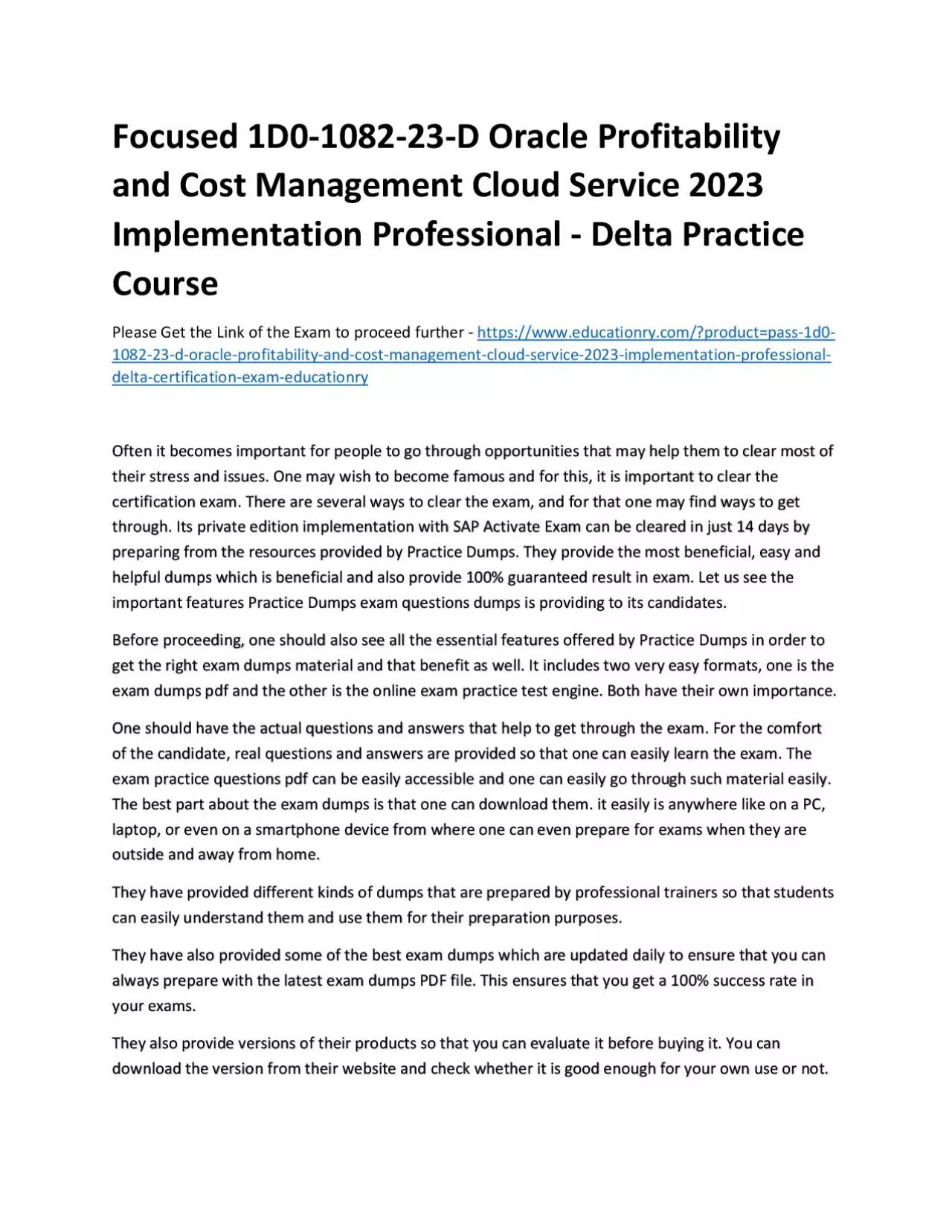 PDF-Focused 1D0-1082-23-D Oracle Profitability and Cost Management Cloud Service 2023 Implementation