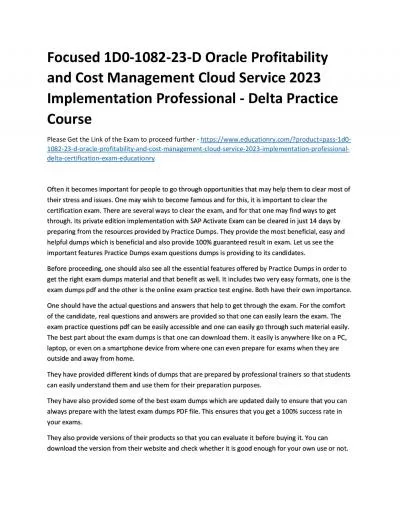 Focused 1D0-1082-23-D Oracle Profitability and Cost Management Cloud Service 2023 Implementation Professional - Delta Practice Course