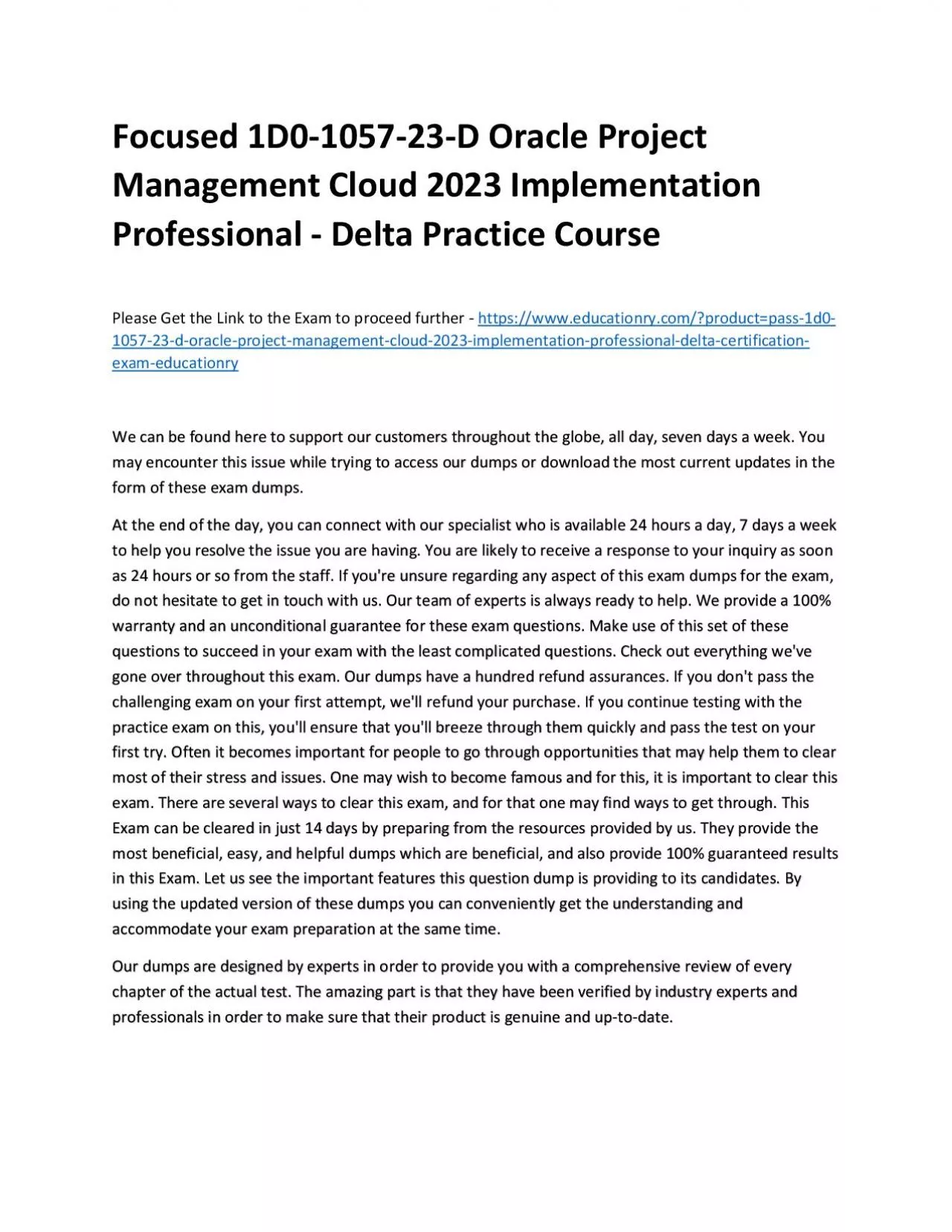 PDF-Focused 1D0-1057-23-D Oracle Project Management Cloud 2023 Implementation Professional