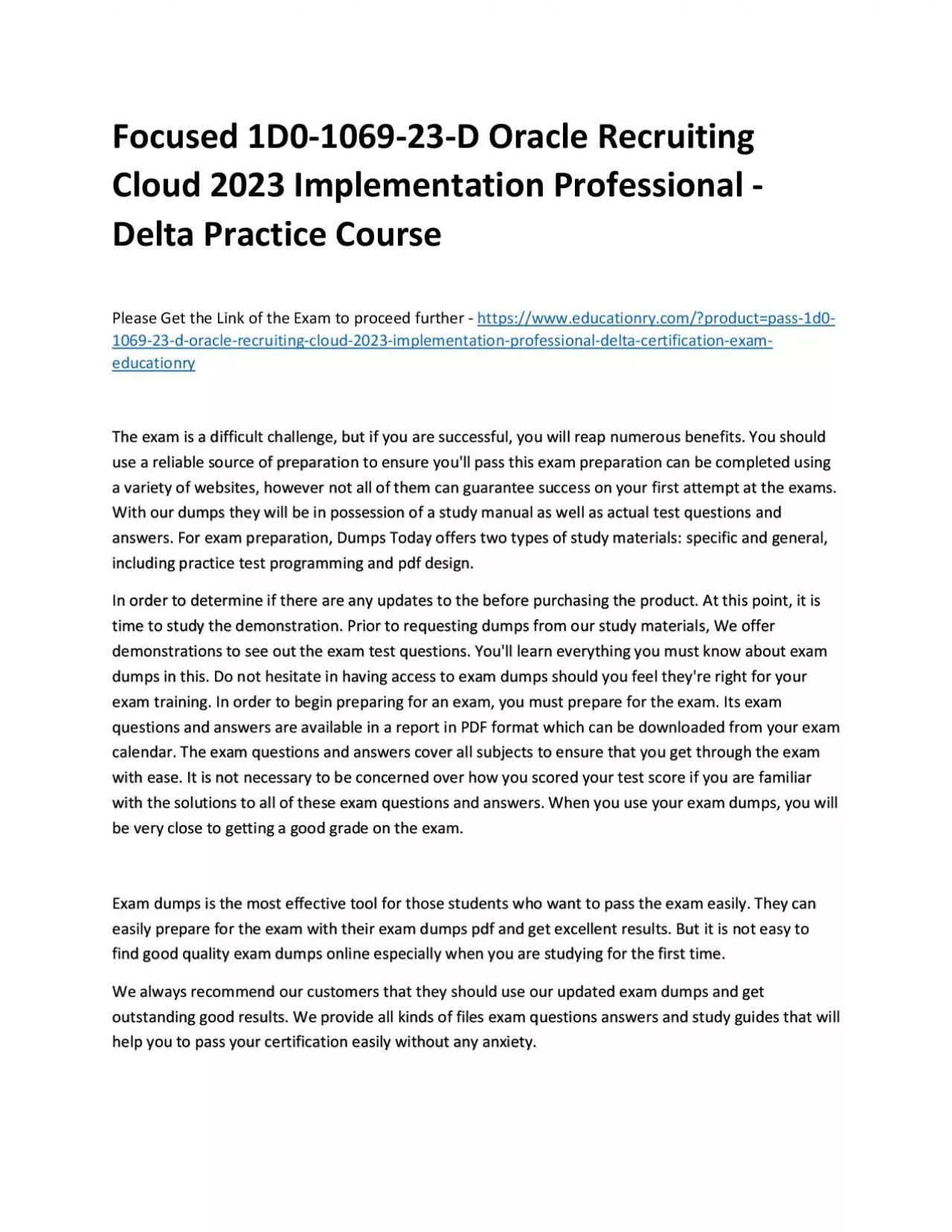 PDF-Focused 1D0-1069-23-D Oracle Recruiting Cloud 2023 Implementation Professional - Delta