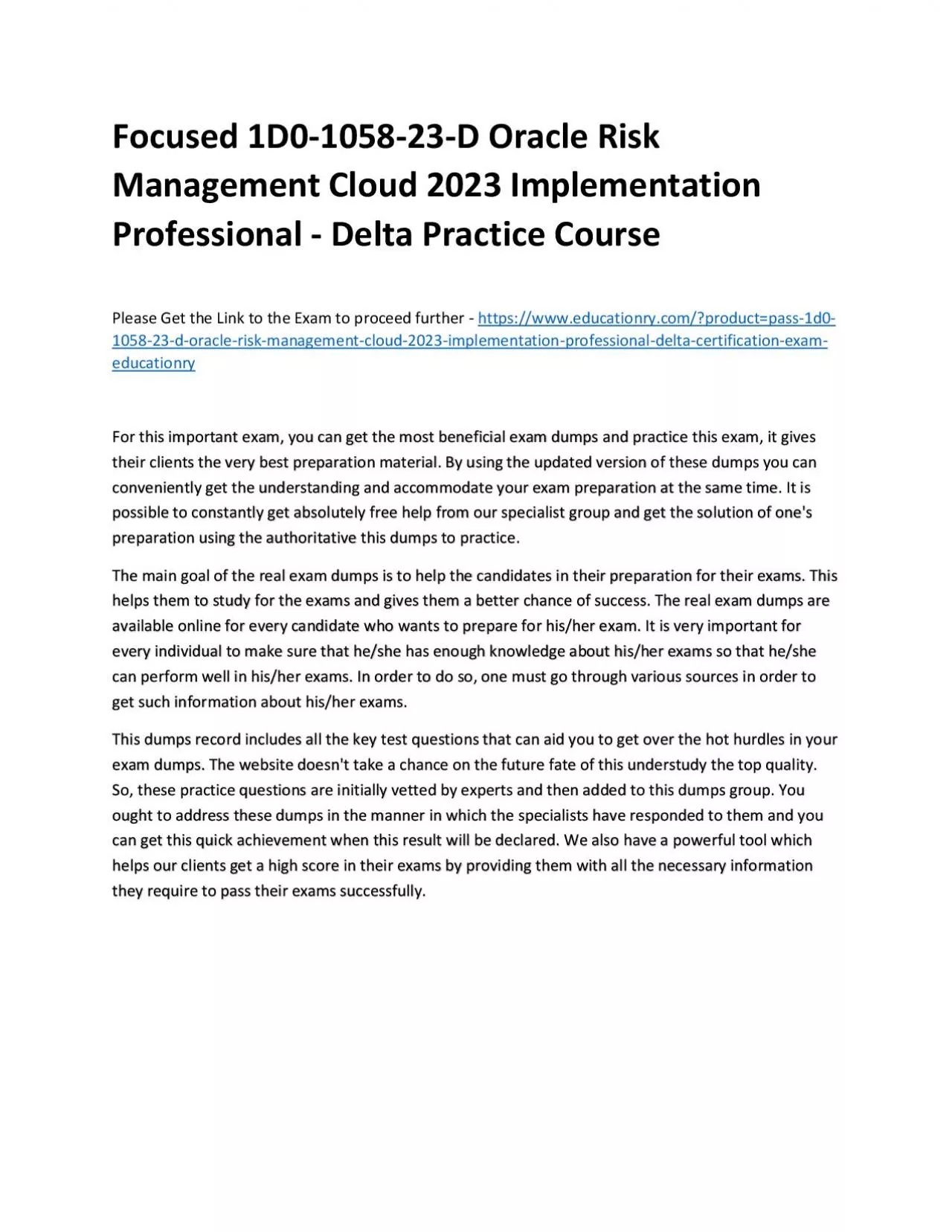 PDF-Focused 1D0-1058-23-D Oracle Risk Management Cloud 2023 Implementation Professional -