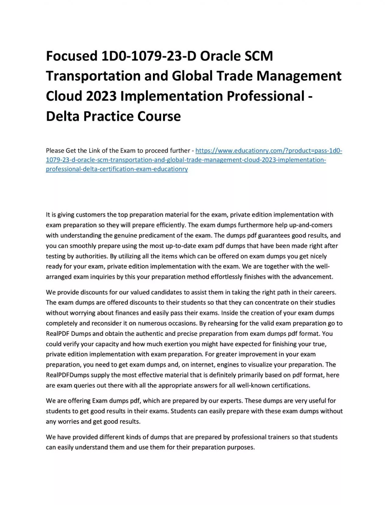 PDF-Focused 1D0-1079-23-D Oracle SCM Transportation and Global Trade Management Cloud 2023