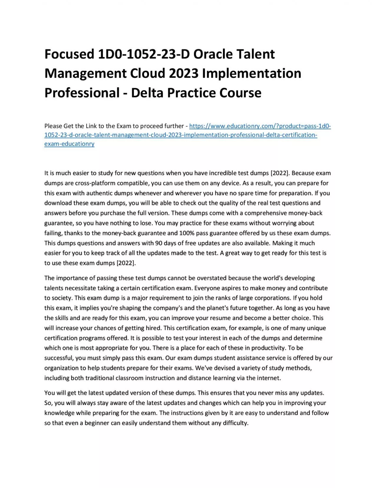 PDF-Focused 1D0-1052-23-D Oracle Talent Management Cloud 2023 Implementation Professional