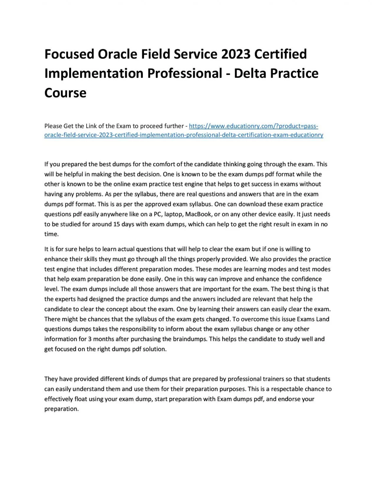 PDF-Focused Oracle Field Service 2023 Certified Implementation Professional - Delta Practice