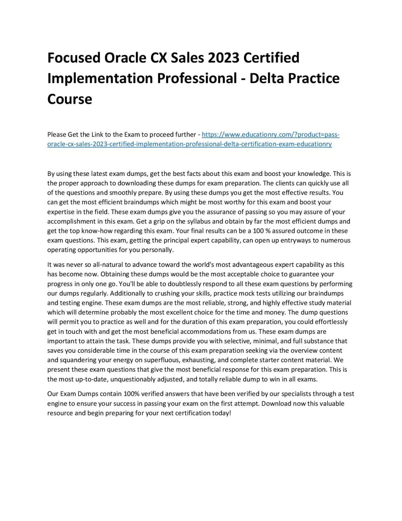 PDF-Focused Oracle CX Sales 2023 Certified Implementation Professional - Delta Practice Course