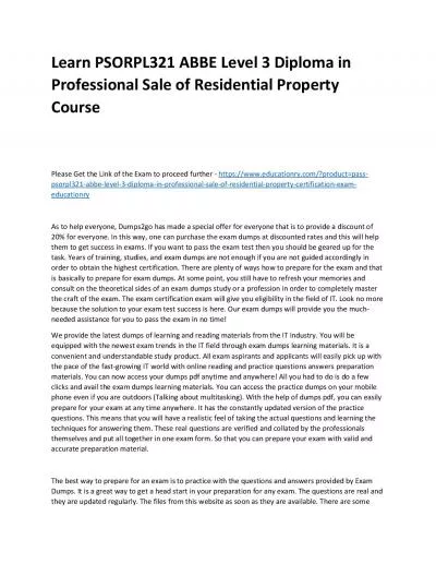 Learn PSORPL321 ABBE Level 3 Diploma in Professional Sale of Residential Property Practice