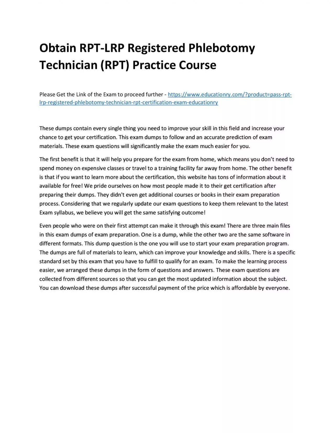 Obtain RPT-LRP Registered Phlebotomy Technician (RPT) Practice Course