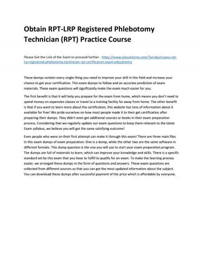 Obtain RPT-LRP Registered Phlebotomy Technician (RPT) Practice Course