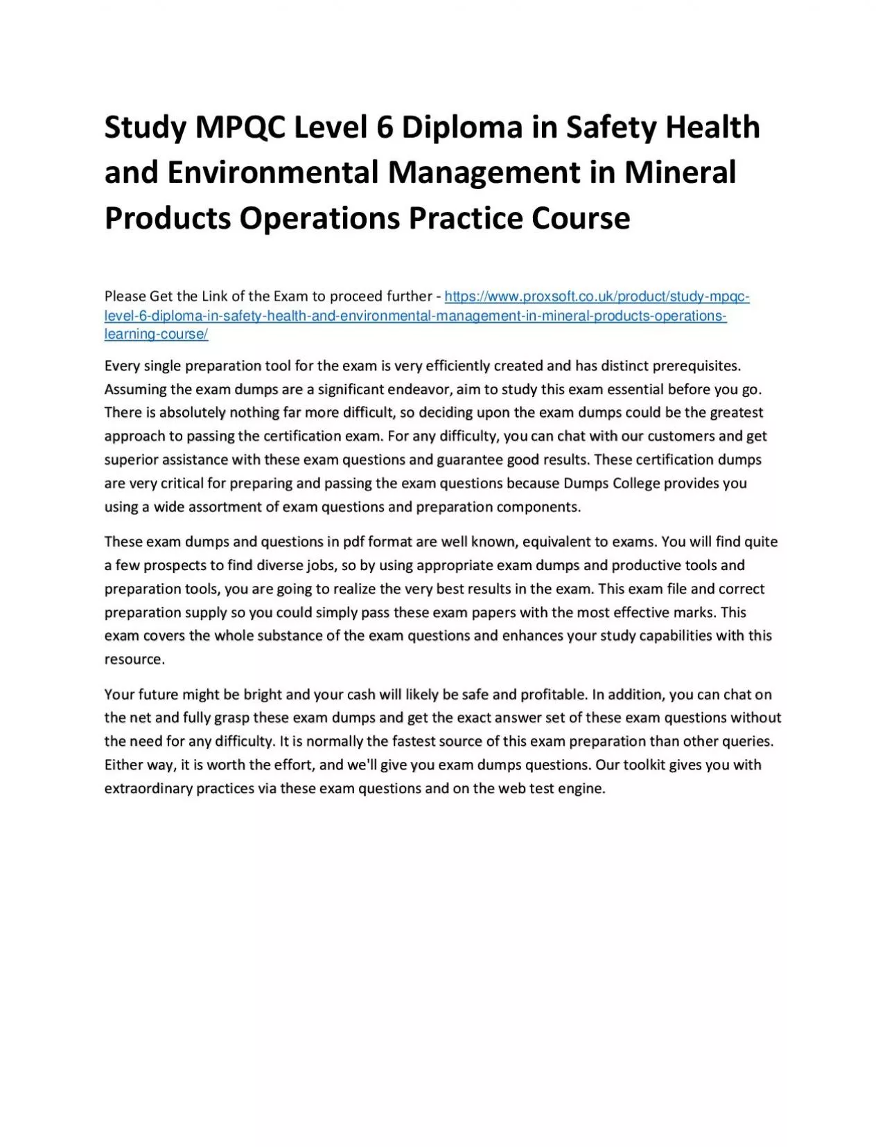Study MPQC Level 6 Diploma in Safety Health and Environmental Management in Mineral Products