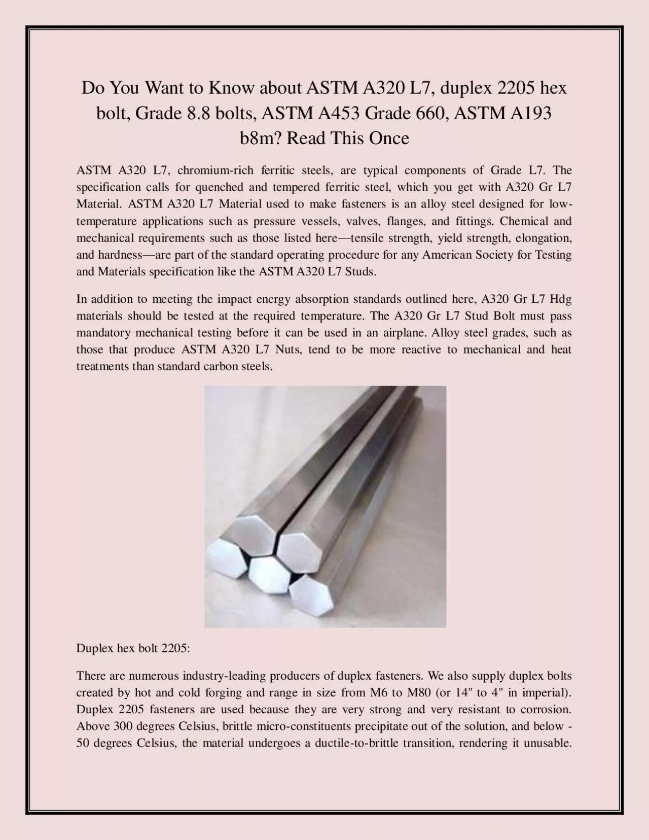 PDF-Do You Want to Know about ASTM A320 L7, duplex 2205 hex bolt, Grade 8.8 bolts, ASTM A453