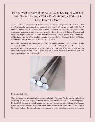 Do You Want to Know about ASTM A320 L7, duplex 2205 hex bolt, Grade 8.8 bolts, ASTM A453 Grade 660, ASTM A193 b8m? Read This Once