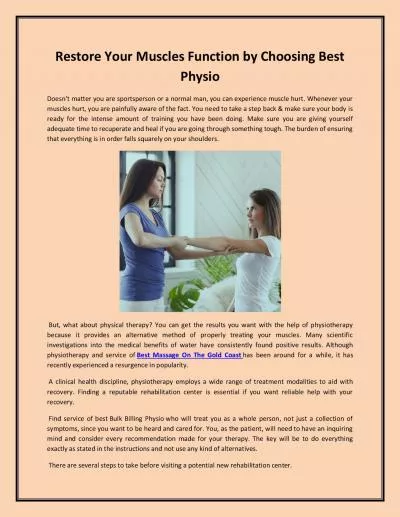 Restore Your Muscles Function by Choosing Best Physio