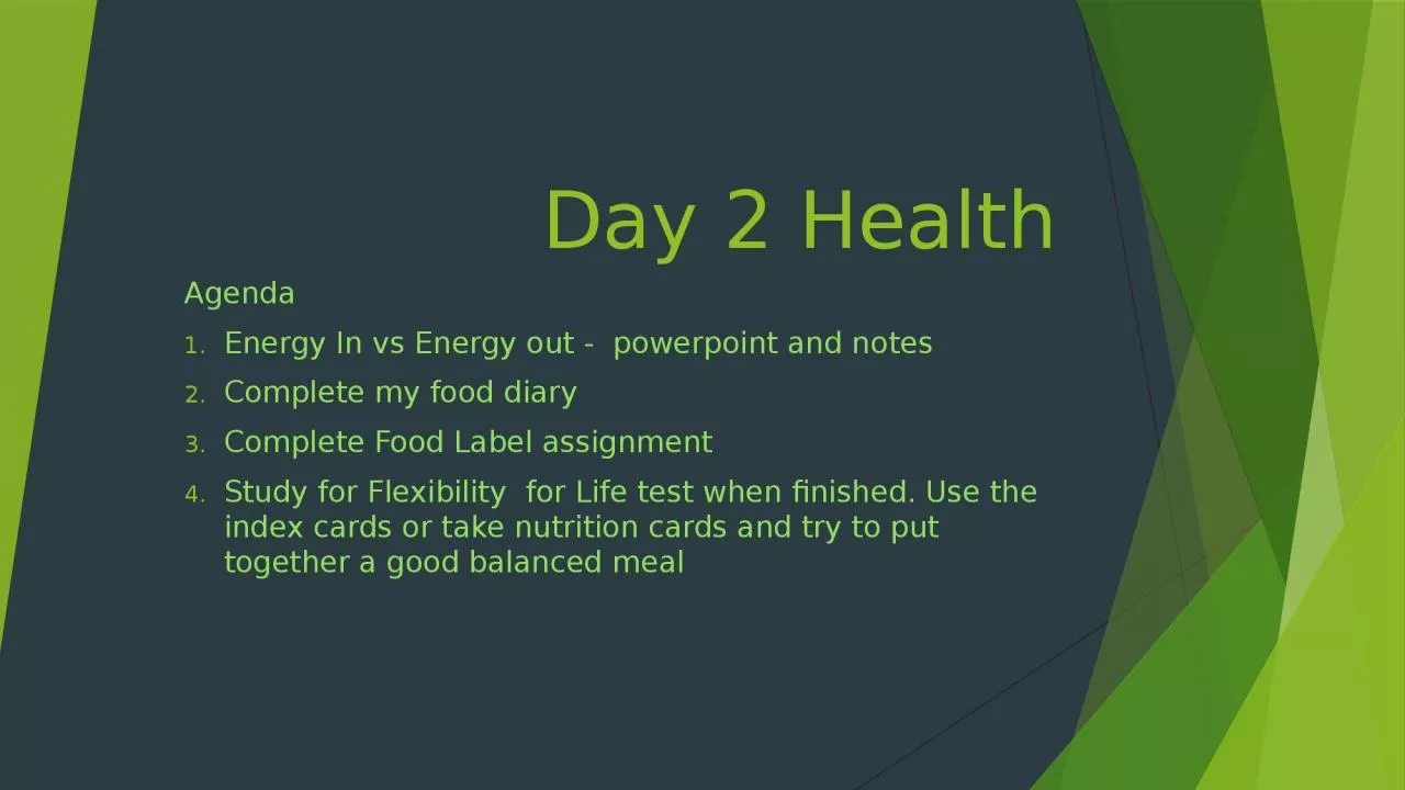 Day 2 Health Agenda  Energy In vs Energy out -